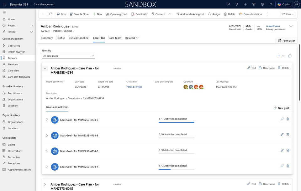 Microsoft Care Management demo: Care team members, goals and activity progress shown together.